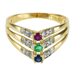 Bague en or jaune rhodié, saphir, rubis, émeraude et diamants