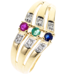 Bague en or jaune rhodié, saphir, rubis, émeraude et diamants