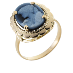 Bague en or jaune et camée agate bleue 