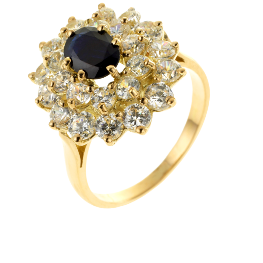 Bague en or jaune, saphir et oxydes de zirconium