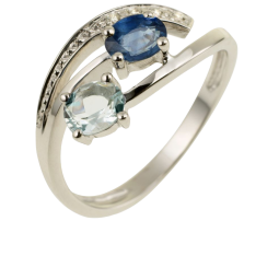 Bague en or gris, saphir, aigue marine et diamants