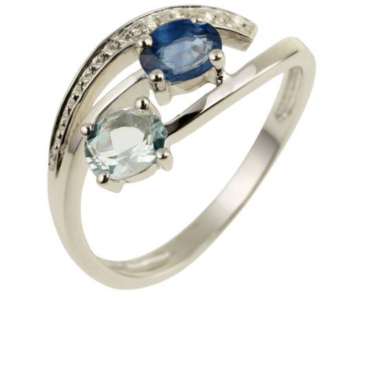 Bague en or gris, saphir, aigue marine et diamants