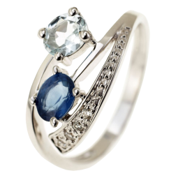 Bague en or gris, saphir, aigue marine et diamants