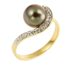 Bague en or rhodié, diamant et perle de culture de Tahiti