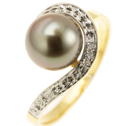 Bague en or rhodié, diamant et perle de culture de Tahiti