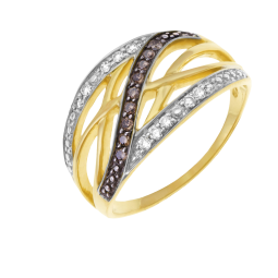 Bague ajourée en or jaune rhodié, diamants et diamants bruns