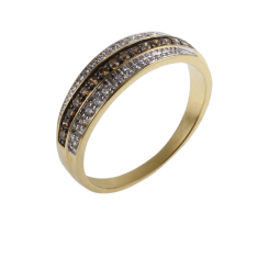 Bague en or jaune rhodié, diamants et diamants bruns