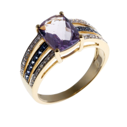 Bague en or jaune rhodié, améthyste lavande, saphirs et diamants