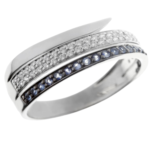 Bague en or gris rhodié noir, saphirs et diamants