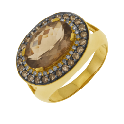 Bague or jaune et rhodié , quartz fumé, diamants blancs et diamants bruns