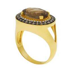 Bague or jaune et rhodié , quartz fumé, diamants blancs et diamants bruns