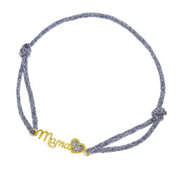 Bracelet cordon gris en or jaune et laque pailletée, maman coeur