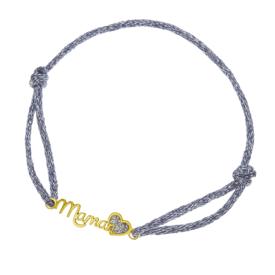 Bracelet cordon gris en or jaune et laque pailletée, maman coeur