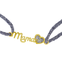 Bracelet cordon gris en or jaune et laque pailletée, maman coeur