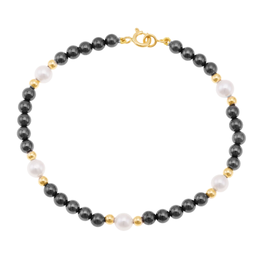 Bracelet en or jaune, hématites et perles de culture