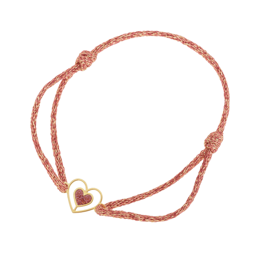 Bracelet en or jaune, cordon et laque pailletée , coeur