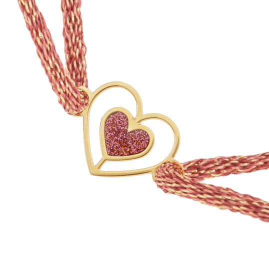 Bracelet en or jaune, cordon et laque pailletée , coeur