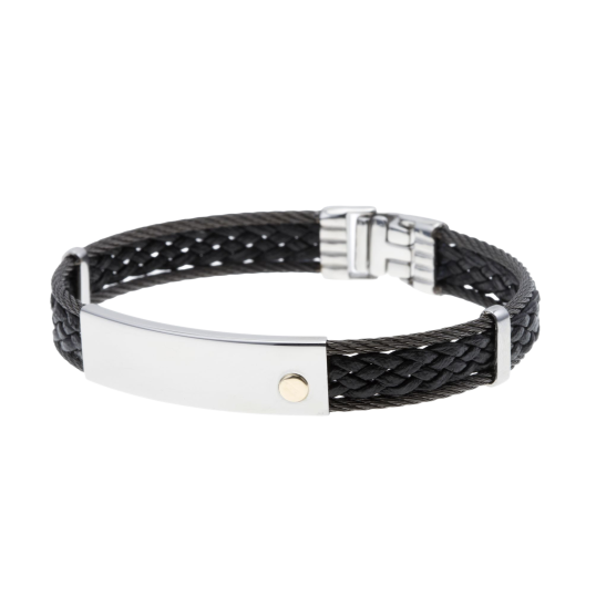 Bracelet en or jaune, cable acier et cuir tressé