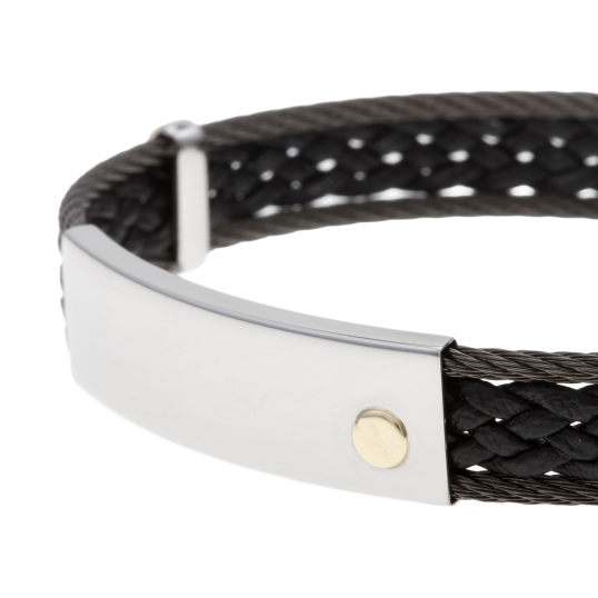 Bracelet en or jaune, cable acier et cuir tressé