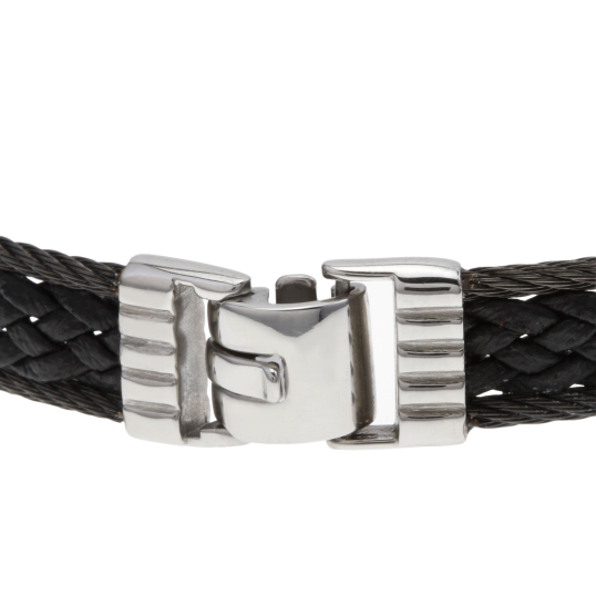 Bracelet en or jaune, cable acier et cuir tressé