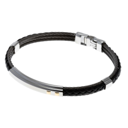 Bracelet jonc en or jaune et acier, cuir