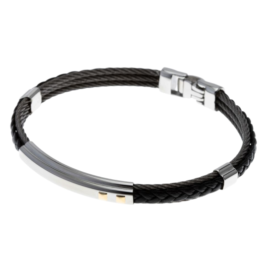 Bracelet jonc en or jaune et acier, cuir