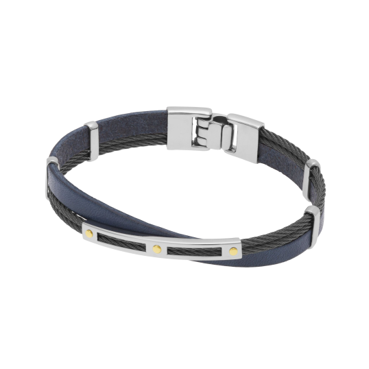 Bracelet en or jaune, câble acier et cuir  Bracelet en or jaune, câble acier et cuir