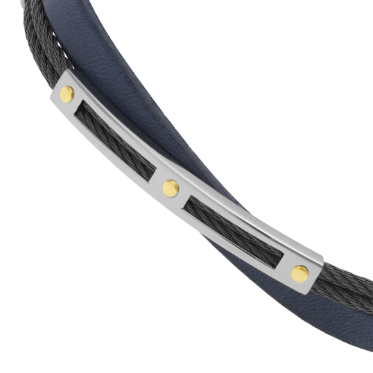 Bracelet en or jaune, câble acier et cuir  Bracelet en or jaune, câble acier et cuir