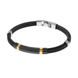 Bracelet jonc en or jaune et cables acier noir