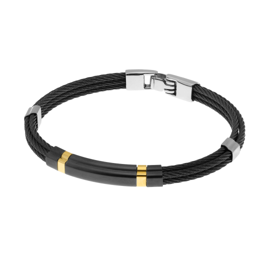 Bracelet jonc en or jaune et cables acier noir