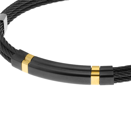 Bracelet jonc en or jaune et cables acier noir