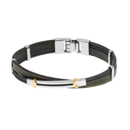 Bracelet en or jaune, câble acier et cuir vieilli