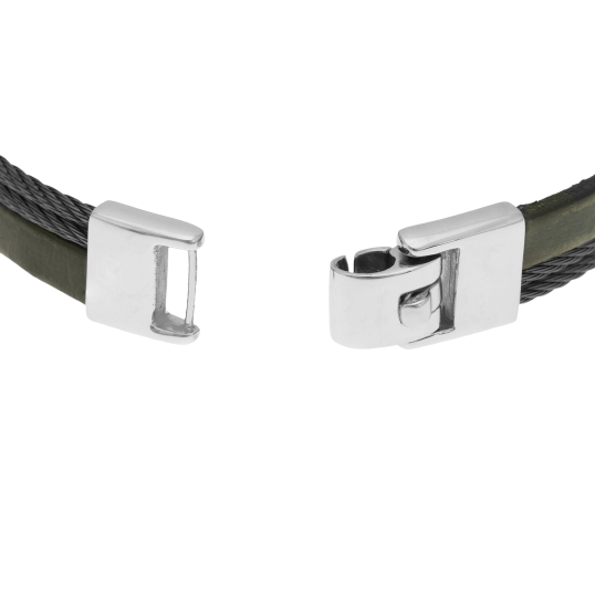 Bracelet en or jaune, câble acier et cuir vieilli