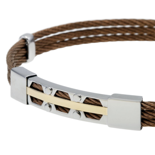 Bracelet en or jaune, acier et câble acier