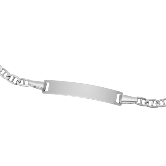 Bracelet identité bébé en or gris, maille marine, plaque rectangle