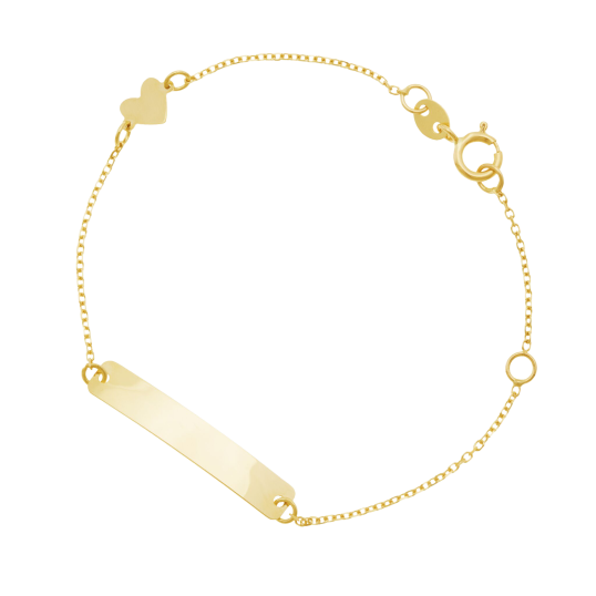 Bracelet identité en or jaune coeur, plaque rectangle