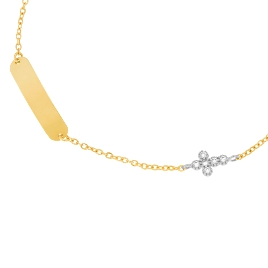 Bracelet identité en 2 ors et oxydes de zirconium, croix