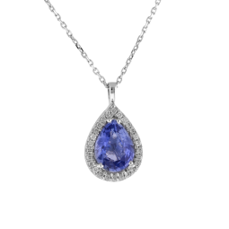 Collier en or gris, saphir poire et diamants