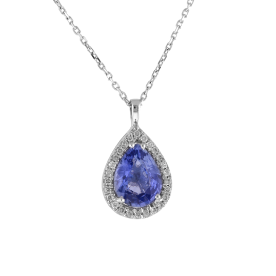 Collier en or gris, saphir poire et diamants