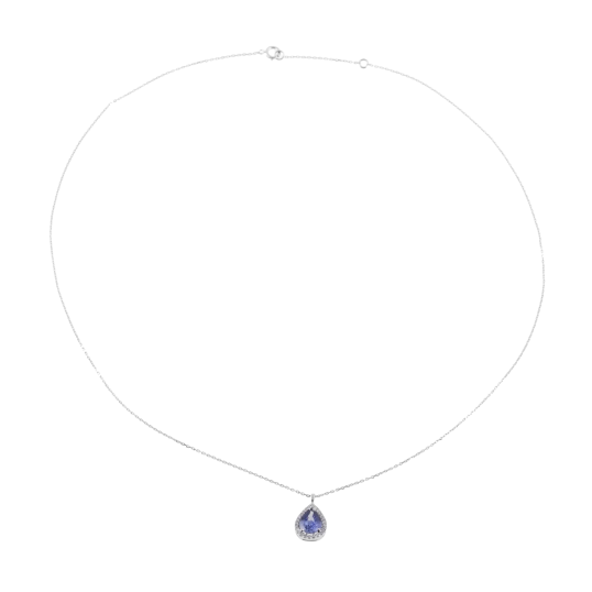 Collier en or gris, saphir poire et diamants