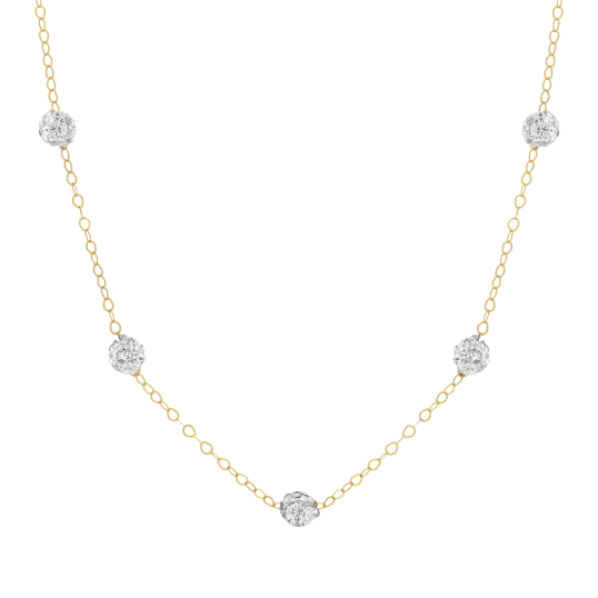Collier en or jaune, boules en résine et cristaux de synthèse 