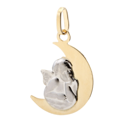 Médaille en or jaune lune et ange en or gris