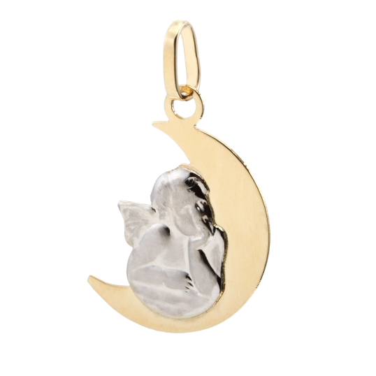 Médaille en or jaune lune et ange en or gris