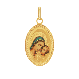 Médaille en or jaune et résine, vierge et enfant