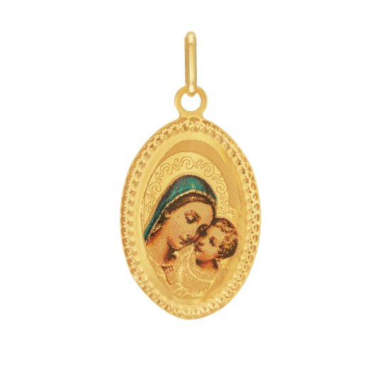 Médaille en or jaune et résine, vierge et enfant
