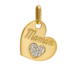Pendentif en or jaune, coeur et laque pailletée,maman