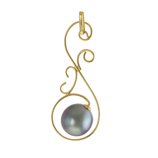 Pendentif en or jaune et perle de culture de Tahiti, volutes