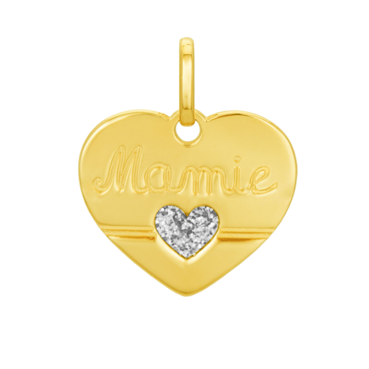 Pendentif en or jaune, coeur et laque pailletée, mamie