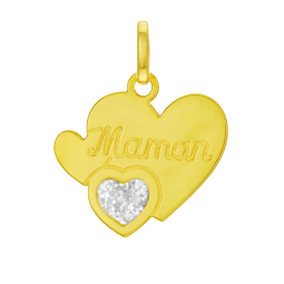 Pendentif en or jaune et laque pailletée, coeurs maman