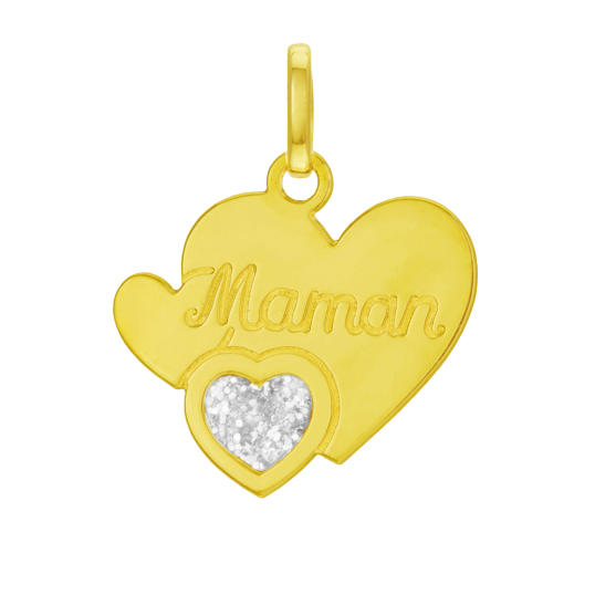 Pendentif en or jaune et laque pailletée, coeurs maman